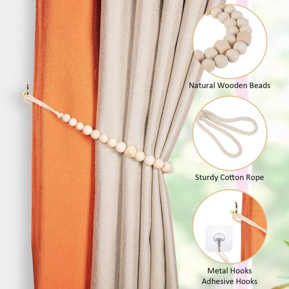 Wood Bead Curtain Tiebacks, Set of 2 Curtain Holdbacks for Thin or Thick Window - Picture 4 of 6